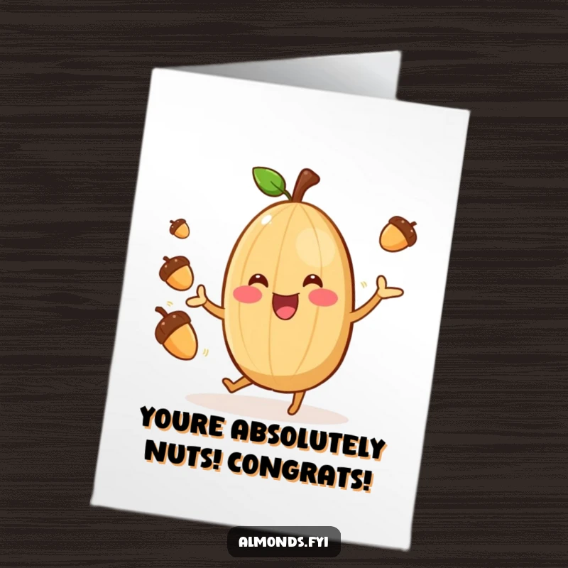 Funny Free Printable Congratulations Card with a cheerful almond juggling acorns, celebrating success with humor.