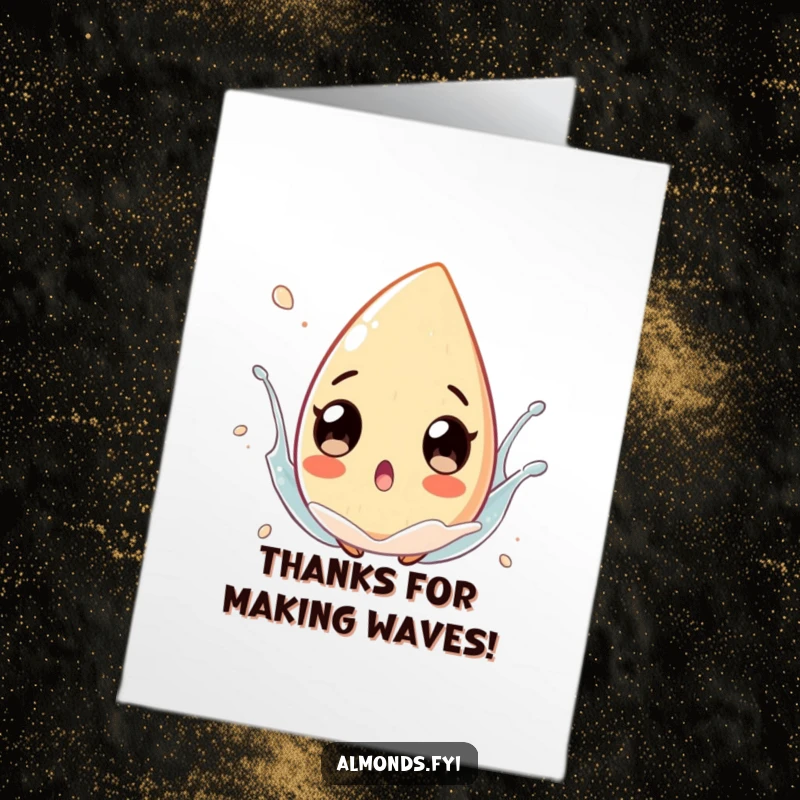 Funny Free Printable Thank You Card: An almond character with exaggerated eyes floating in a playful splash, expressing surprise thanks.