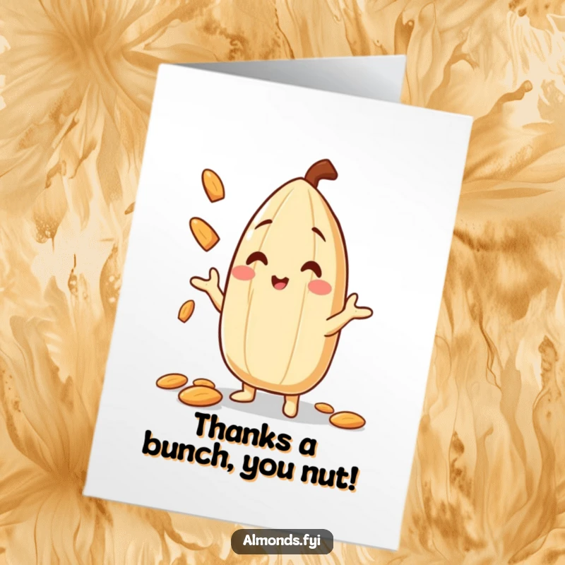 Funny Free Printable Thank You Card with a smiling almond character juggling slivers, offering a humorous expression of gratitude.
