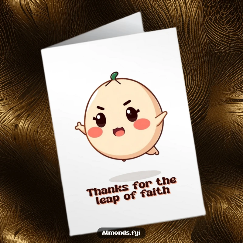 Funny Free Printable Thank You Card: Round almond character with determined expression about to leap.
