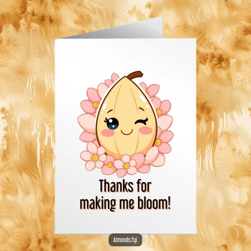 Funny Free Printable Thank You Card: A smiling almond character surrounded by petals, a tender downloadable gift to say thanks.