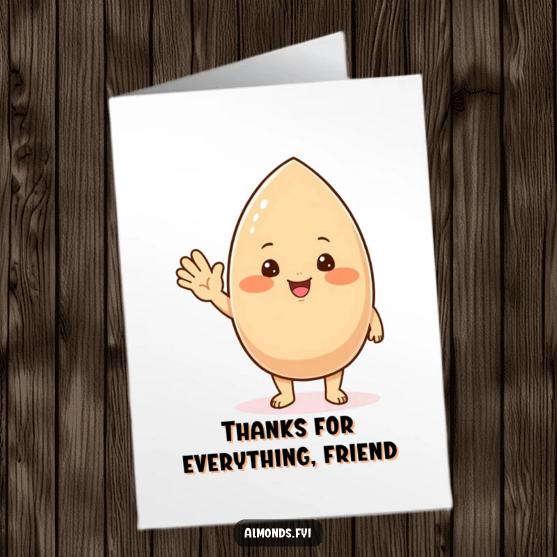 Funny Free Printable Thank You Card: A chubby, blushing almond character giving a friendly wave to show gratitude.