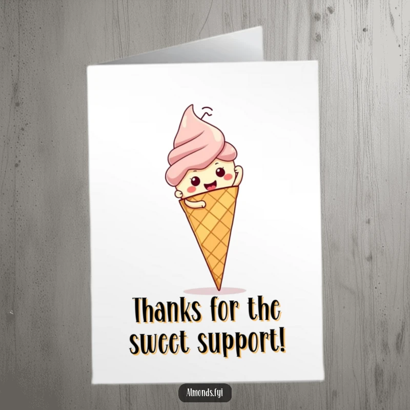 Funny Free Printable Thank You Card: An almond triumphantly climbs an ice cream cone, expressing sweet gratitude.