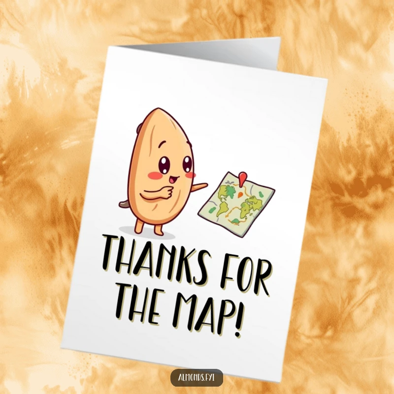 Funny Free Printable Thank You Card: A curious almond character points at a tiny map, expressing thanks for an adventure, perfect downloadable gift.