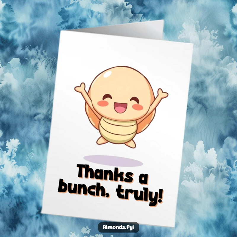 Funny Free Printable Thank You Card: A shell character springs into the air with pure excitement, conveying heartfelt thanks with a goofy grin.