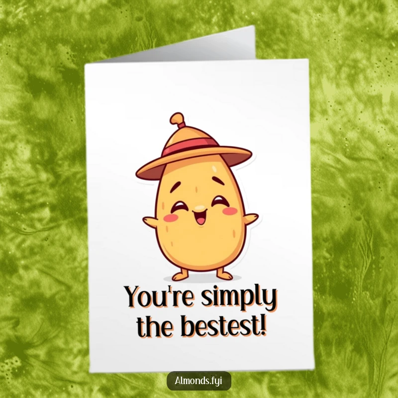 Funny Free Printable Thank You Card featuring an almond comically trying to balance a tiny hat.