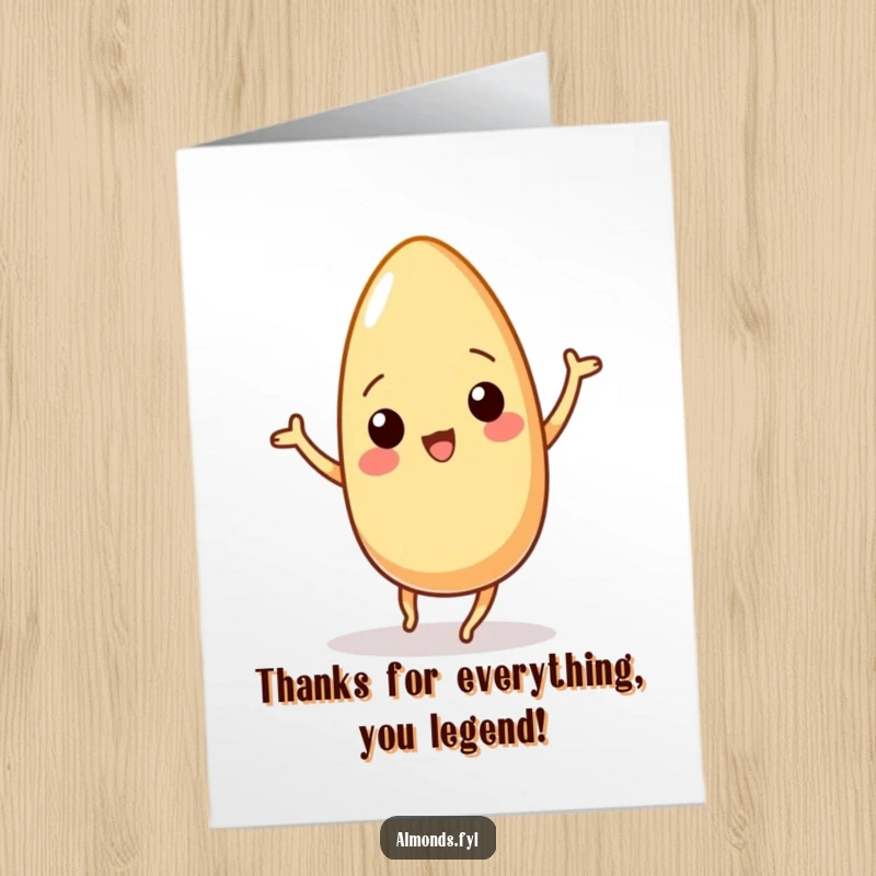 Funny Free Printable Thank You Card: Wiggling almond character doing a happy dance, offering a charming, printable thank you.