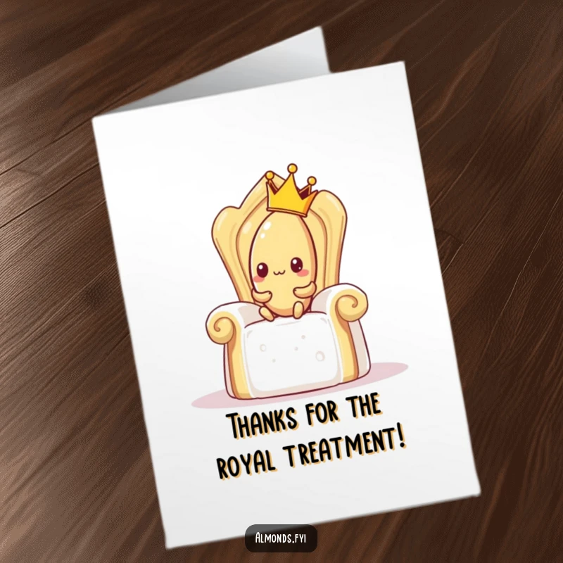 Funny Free Printable Thank You Card: Shy almond with a crown tentatively approaches a giant sugar cube throne, a funny way to express thanks.