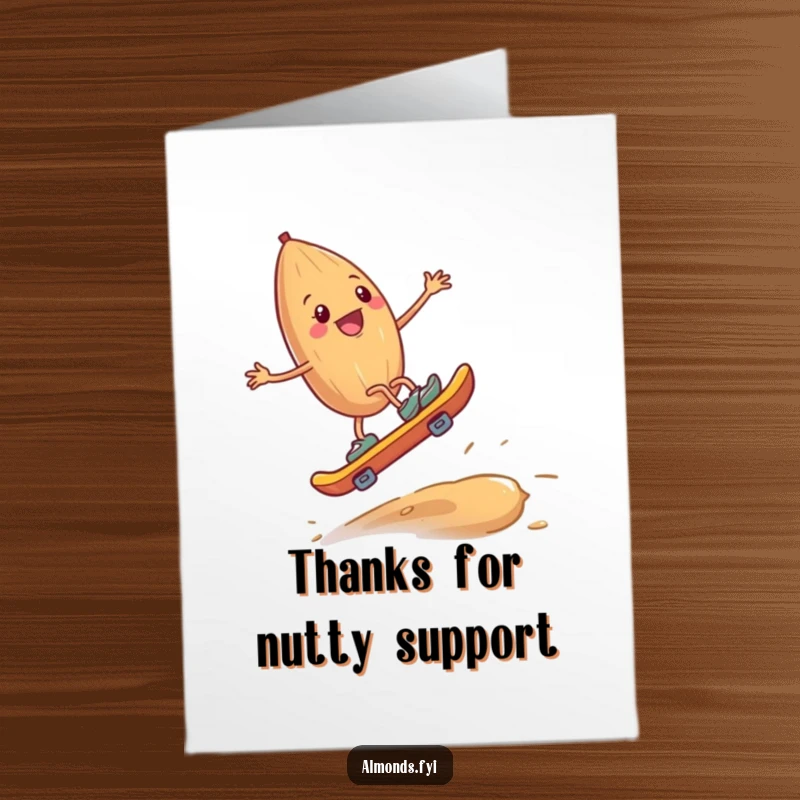 Funny Free Printable Thank You Card: Happy almond with tiny legs skateboards downhill on a giant cashew, a fun thanks.