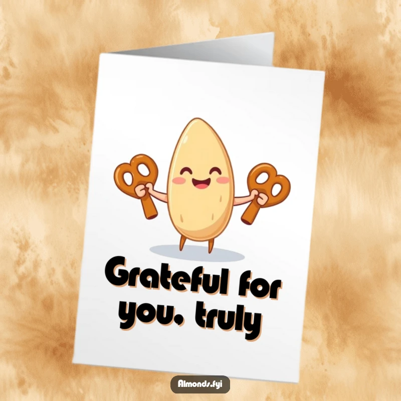 Funny Free Printable Thank You Card: Gleeful almond character juggling a stack of pretzels, showing appreciation humorously.