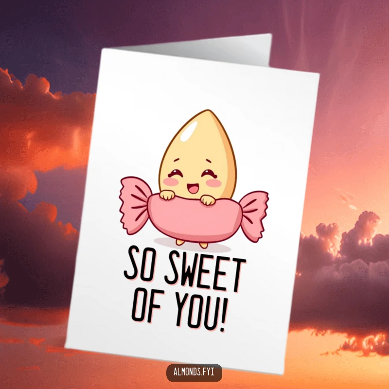 Funny Free Printable Thank You Card: Giggling almond character peeking from behind a giant candy wrapper, a sweet thank you.