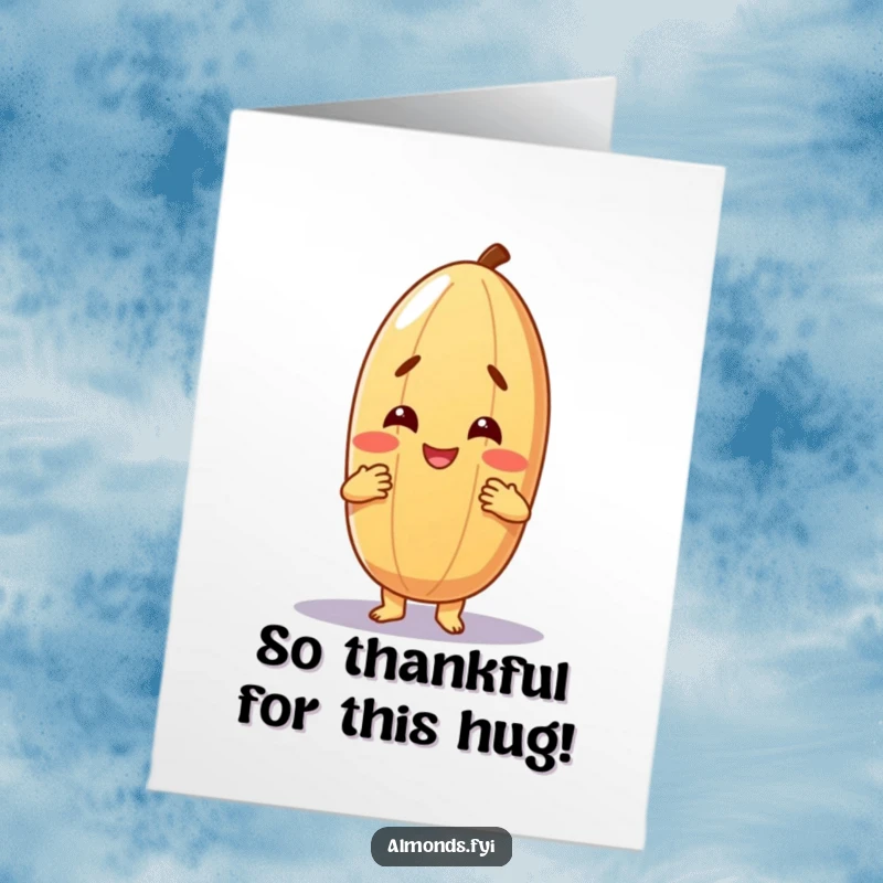 Funny Free Printable Thank You Card: Cheerful almond character giving a warm, friendly hug, conveying sincere thanks.