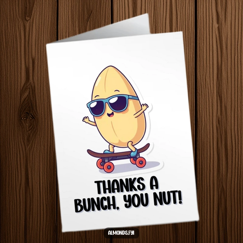 Funny Free Printable Thank You Card: Smiling almond wearing sunglasses rides a skateboard to say thank you.