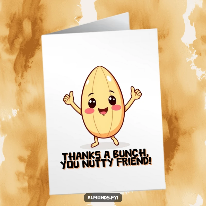 Funny Free Printable Thank You Card: Smiling almond character with tiny arms doing a joyful dance, conveying thanks.