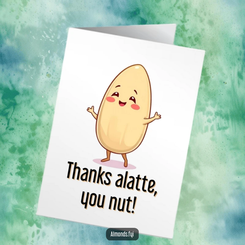 Funny Free Printable Thank You Card: a happy almond character salsa dances, expressing thanks with rhythmic energy.