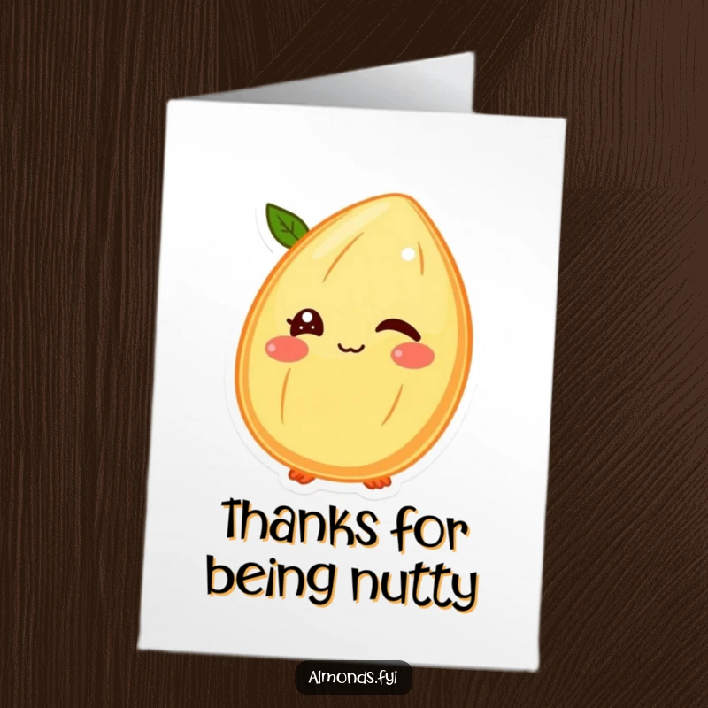 Funny Free Printable Thank You Card: A winking almond character giving a mischievous wink from its shell face, a playful downloadable thank you.