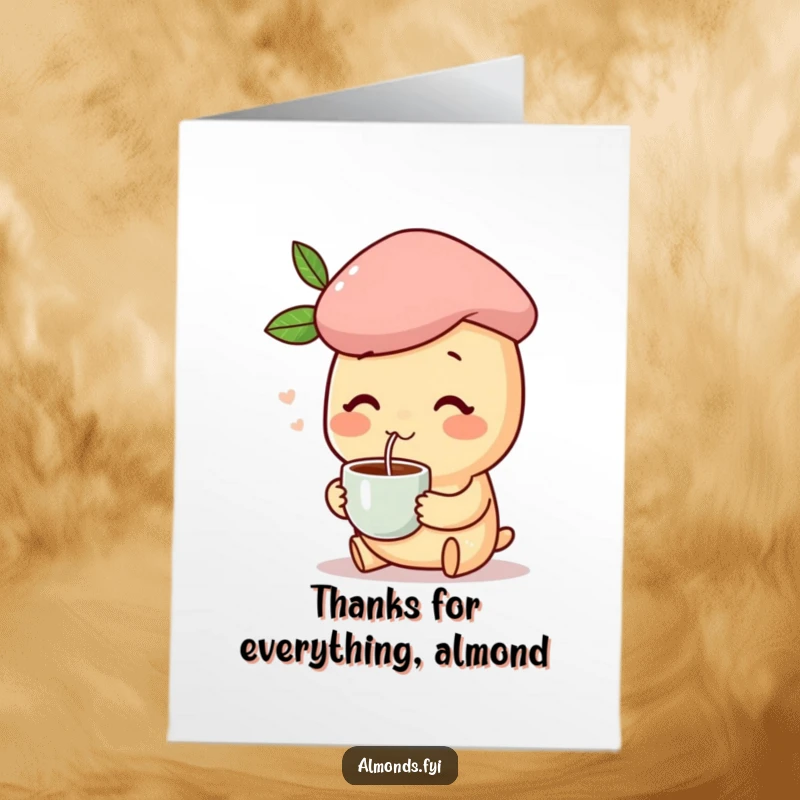 Funny Free Printable Thank You Card: Happy almond character in a beret, enjoying coffee, looking grateful.