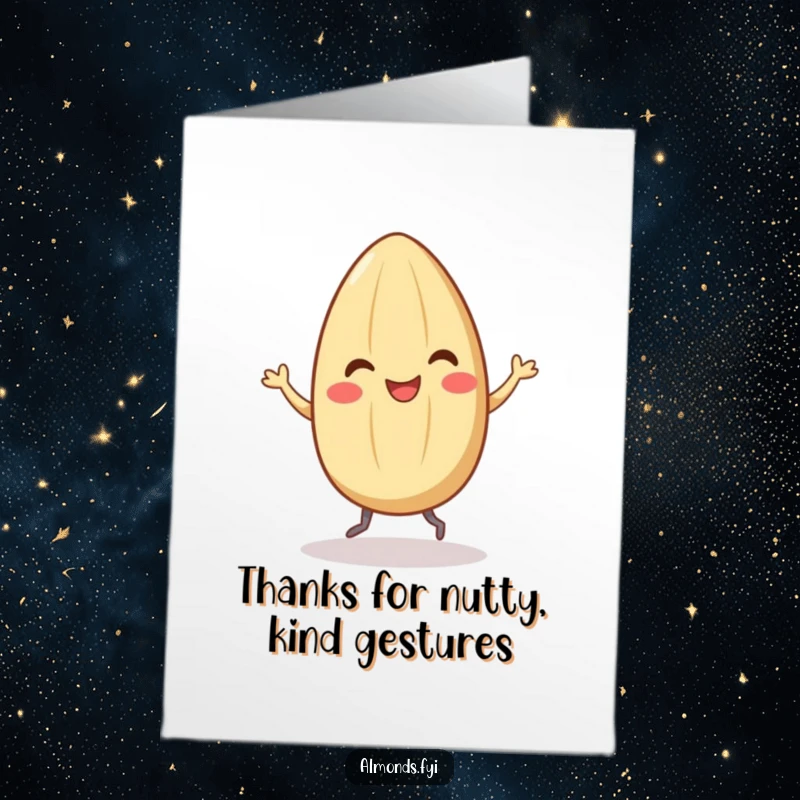 Funny Free Printable Thank You Card: Smiling almond character doing a happy dance with tiny legs, saying thanks.