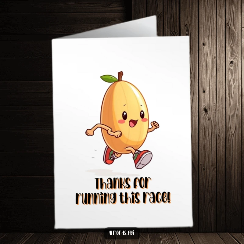 Funny Free Printable Thank You Card: An anthropomorphic almond wearing sneakers, running a race, conveying thanks with a humorous DIY gift.