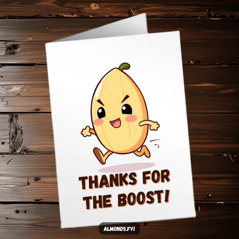 Funny Free Printable Thank You Card: An excited almond sprints forward with a determined face, conveying thanks.