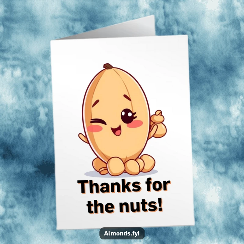 Funny Free Printable Thank You Card: A mischievous almond character winks while balancing nuts, humorously expressing thanks, perfect downloadable gift.