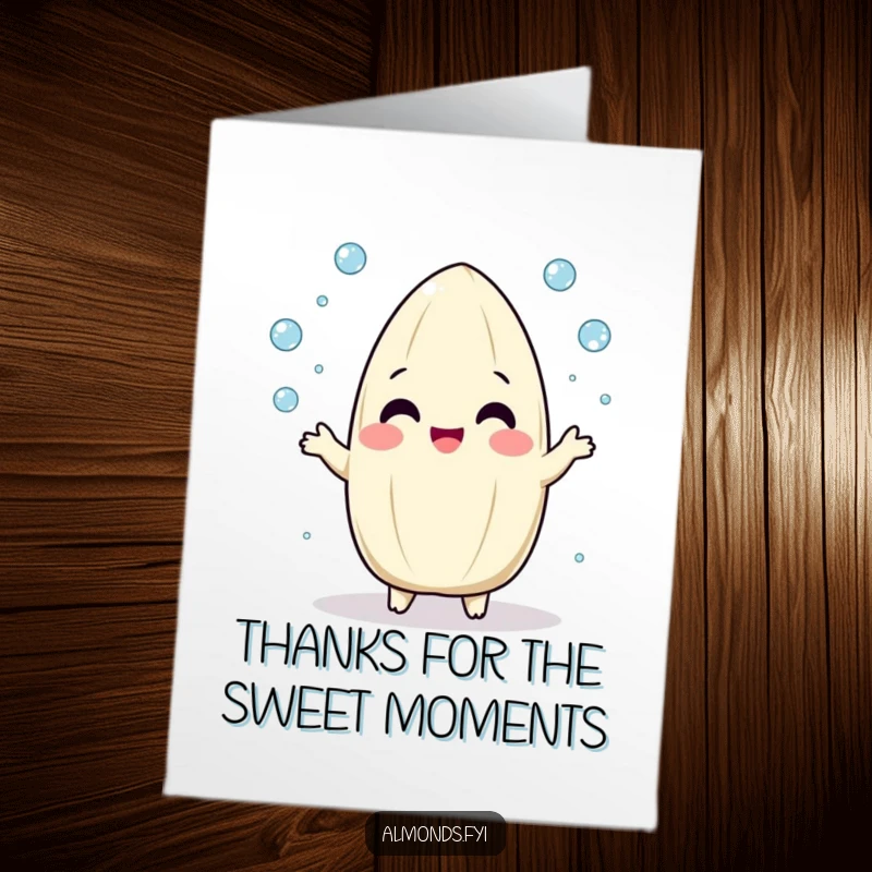 Funny Free Printable Thank You Card: Playful almond character juggling tiny dew drops with glee.