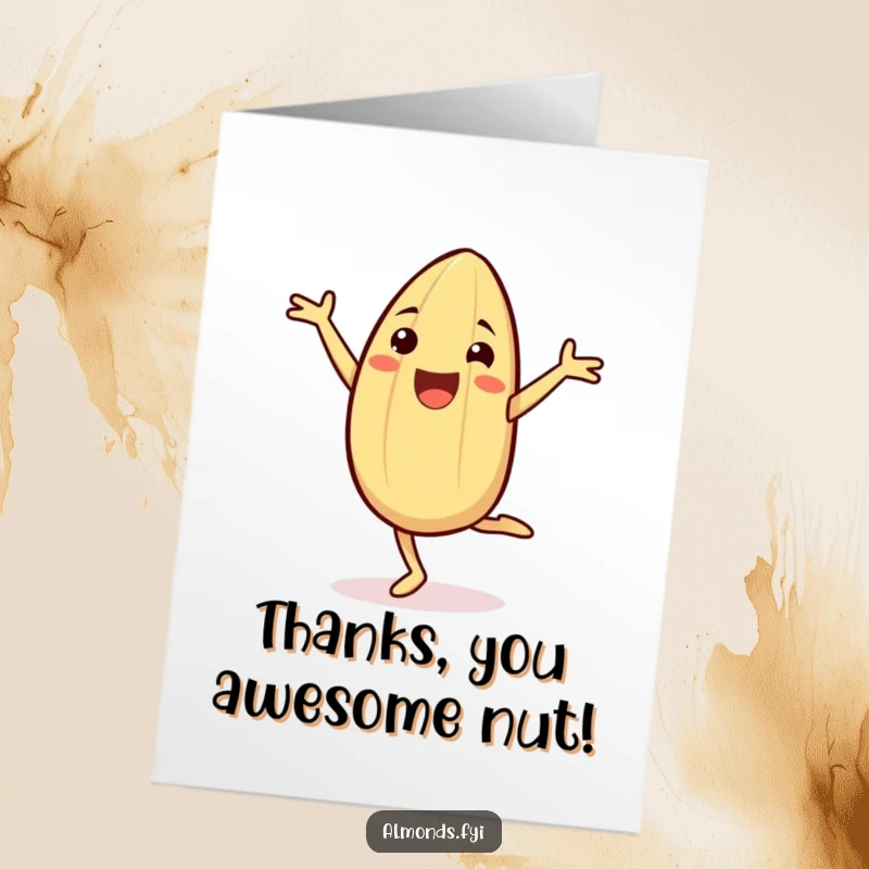 Funny Free Printable Thank You Card with a cheerful almond character doing a cartwheel, conveying enthusiastic gratitude with every flip.