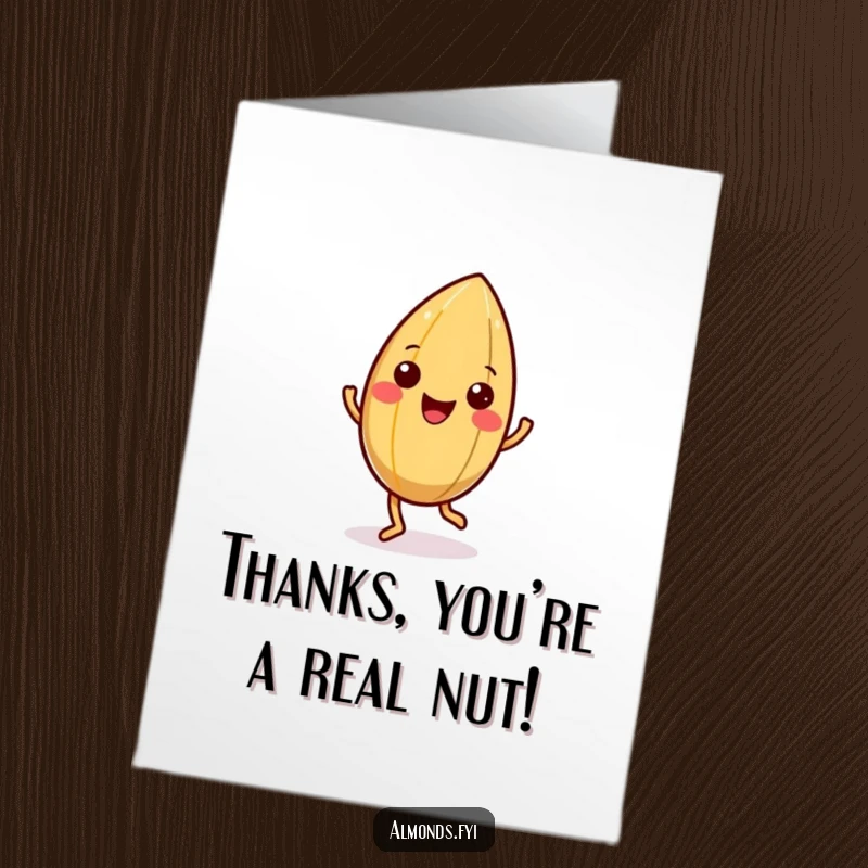 Funny Free Printable Thank You Card: Happy almond character doing a little jig, its shell wiggling with pure happiness.