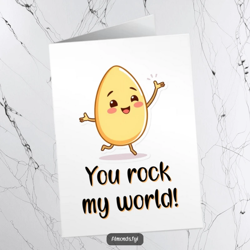 Funny Free Printable Thank You Card: An almond character doing a funny dance with tiny, wiggling legs, perfect for appreciation.