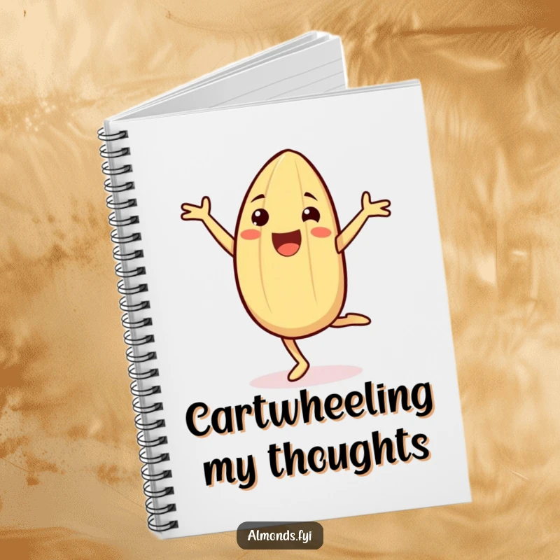 Funny Notebook cover featuring a cheerful almond character mid-cartwheel, perfect for jotting down energetic thoughts and ideas.