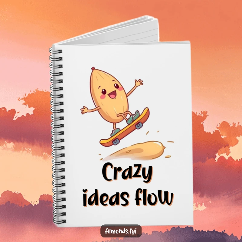 Funny notebook with a design of a happy almond skateboarding on a cashew, ideal for jotting down humorous and creative ideas.