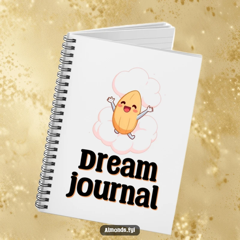 Funny notebook cover with a happy almond character leaping into a giant, soft marshmallow cloud, ready to capture brilliant ideas.