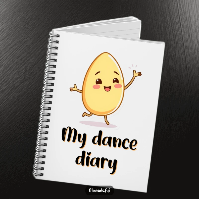 Funny almond character dancing with tiny, wiggling legs on the cover of a notebook for creative expression.