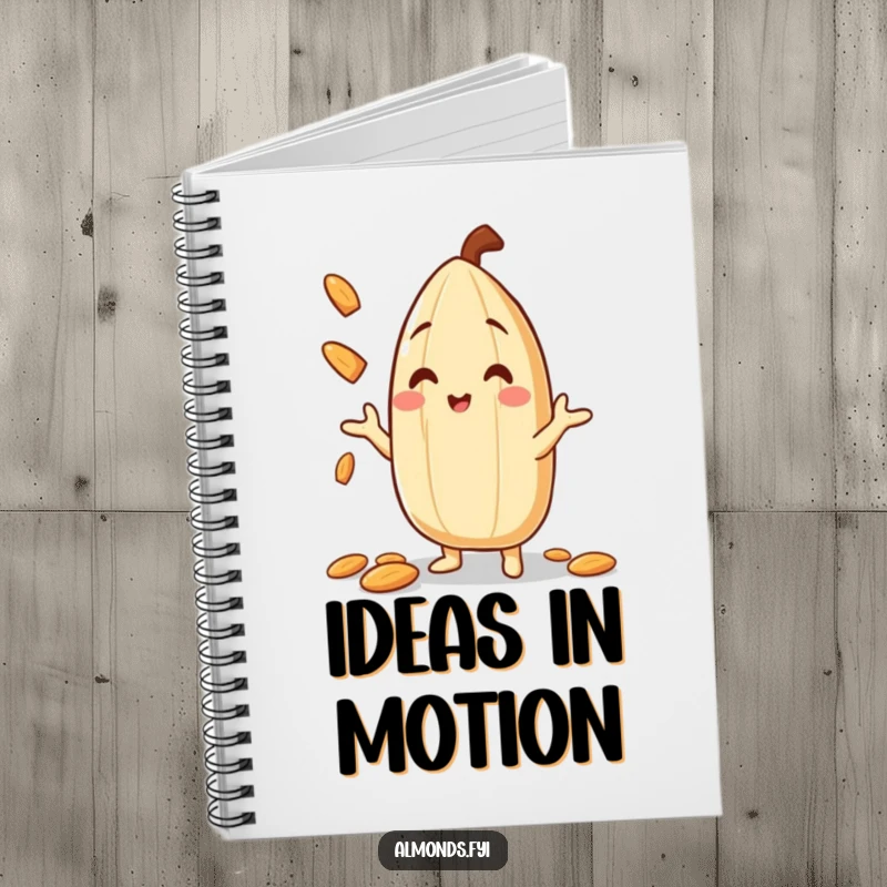 Funny Notebook cover featuring a smiling almond character balancing tiny almond slivers in the air, perfect for nutty notes.