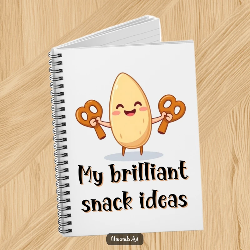 Funny notebook cover with a cheerful almond character juggling three large pretzels, ready for writing and drawing.