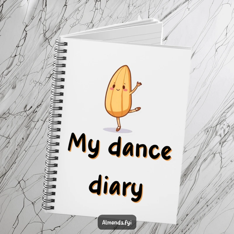 Funny notebook cover with an almond character performing ballet with comically awkward grace, ready to capture brilliant ideas.