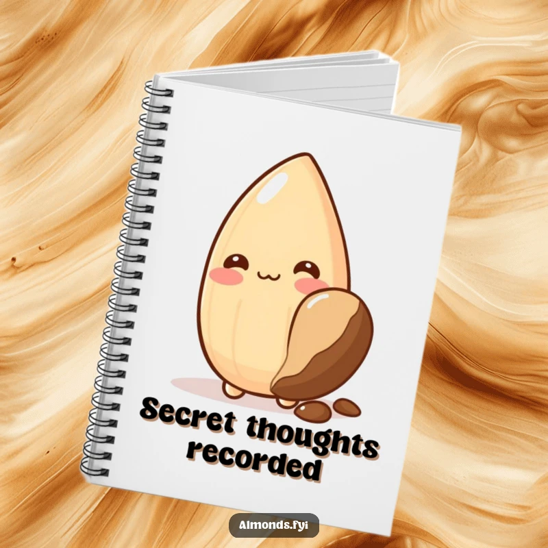 Funny notebook: shy almond character blushing and hiding behind a large chocolate chip, perfect for journaling sweet thoughts.