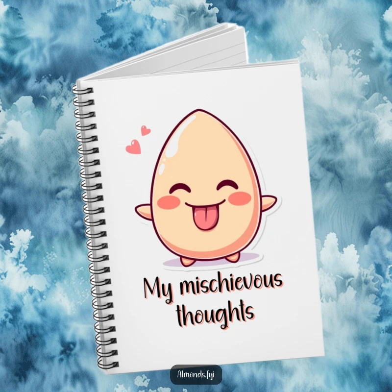 Funny notebook cover with a cute almond character sticking its tongue out with a cheeky grin.