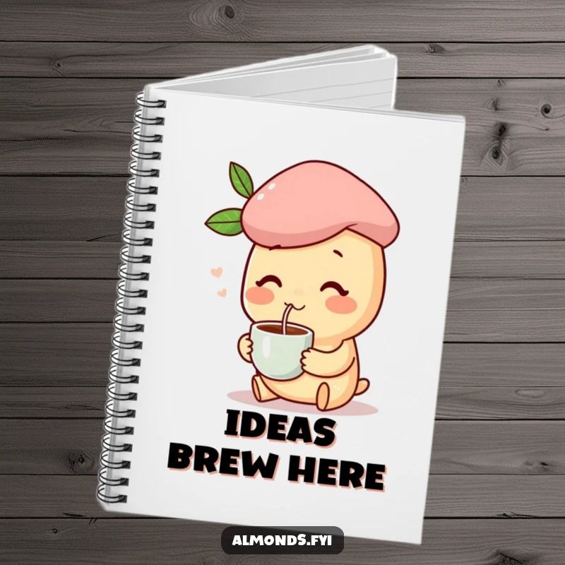 Funny notebook with a happy almond character wearing a beret and sipping coffee, inspiring creativity and chic thoughts.