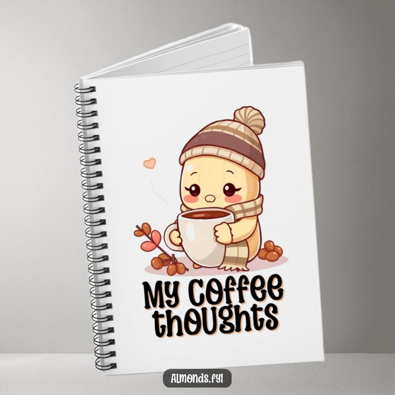 Funny almond in winter hat and scarf, drinking hot coffee, on a notebook cover.