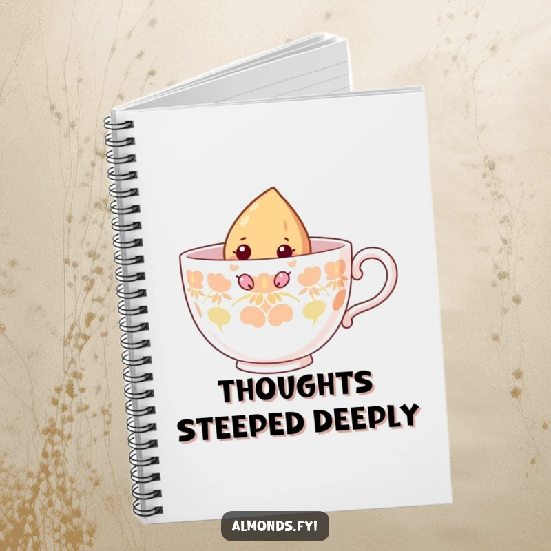 Funny notebook cover with a curious almond character peeking from inside a large teacup, inspiring discovery.