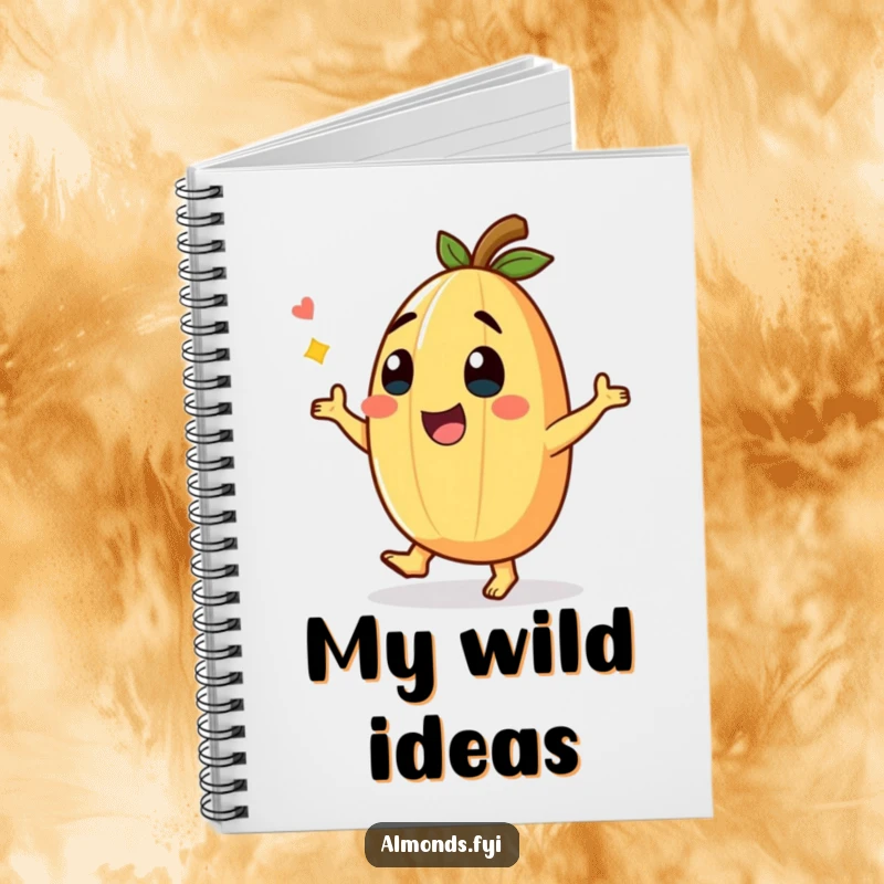 Funny Notebook cover featuring a giggling almond character in a funny dance, perfect for jotting down fun ideas.
