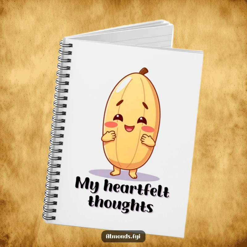 Funny notebook cover featuring a cheerful almond character giving a warm, friendly hug, ready to record your thoughts and feelings.