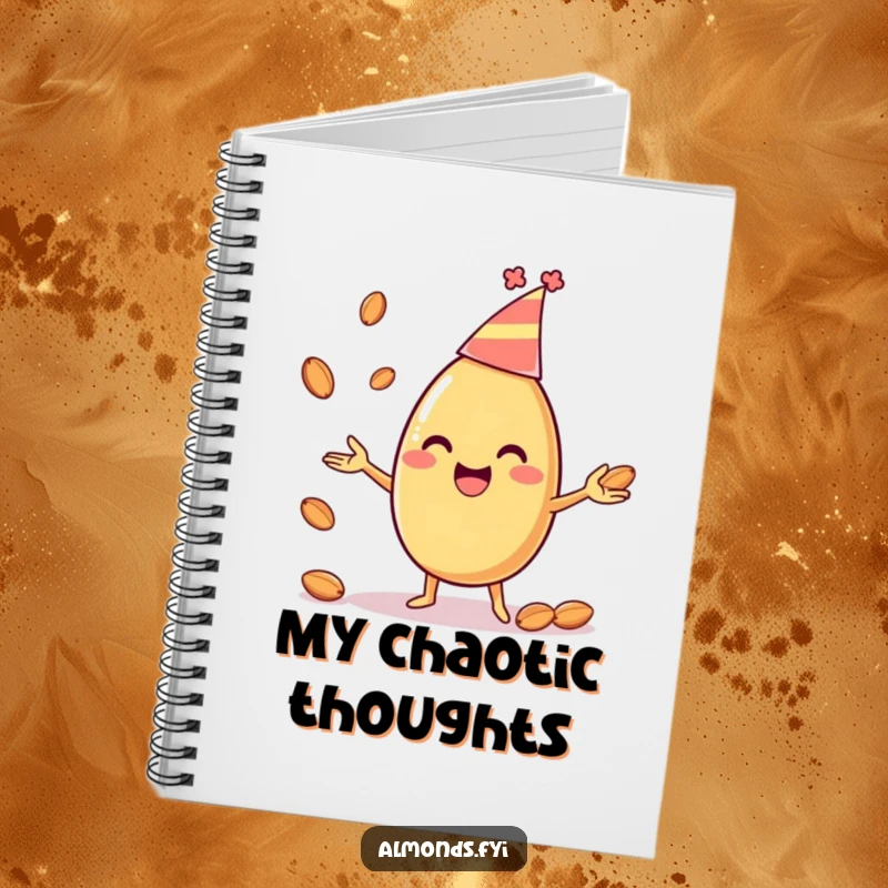 Funny notebook cover featuring a happy almond character in a party hat, juggling smaller almonds, ready to hold your brilliant ideas.
