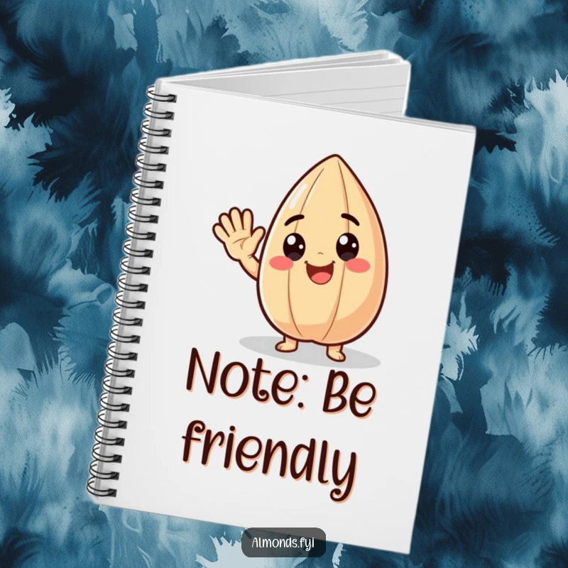Funny notebook cover with a delighted almond character waving cheerfully, symbolizing happy thoughts and positive messages humorously.
