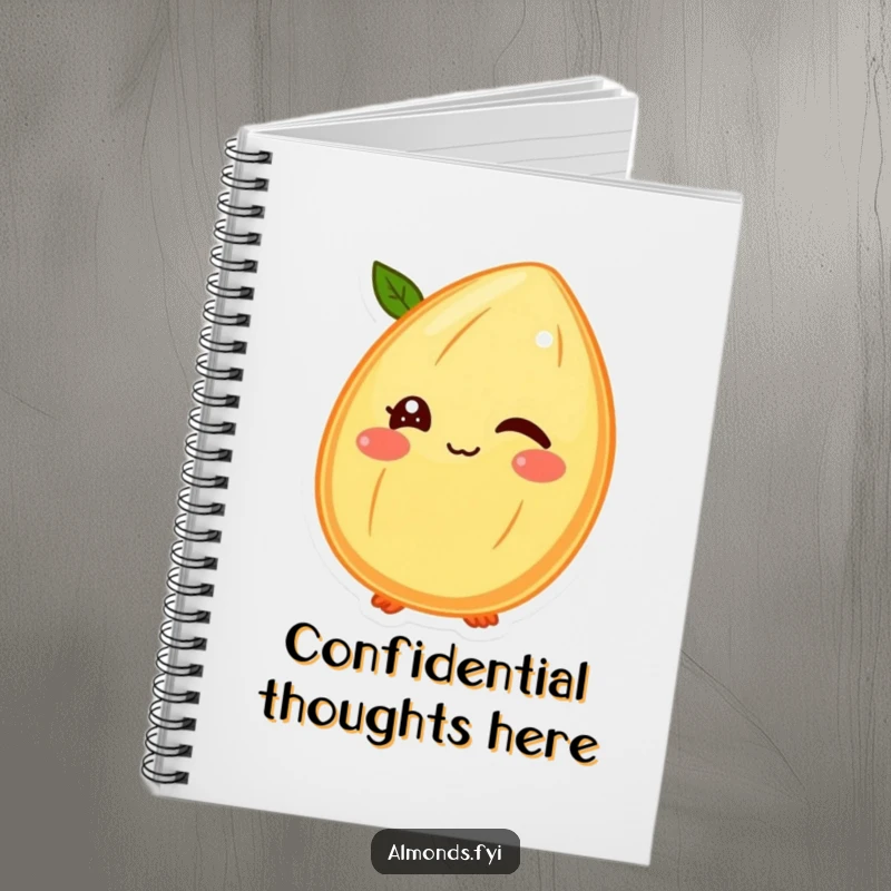 Funny notebook cover with a winking almond character showing its shell face, symbolizing playful secrets and intriguing ideas humorously.