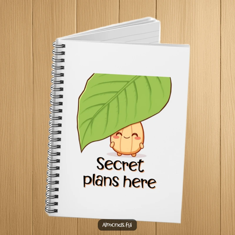 Funny notebook with a grinning almond character peeking from behind a leaf, perfect for secret thoughts.