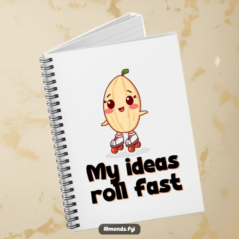 Funny notebook: A nimble almond character on tiny roller skates, ideal for capturing thoughts and doodles.