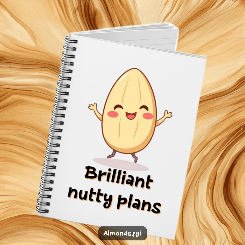 Funny notebook with a smiling almond character doing a happy dance with tiny legs, designed for jotting down ideas with a cheerful spirit.