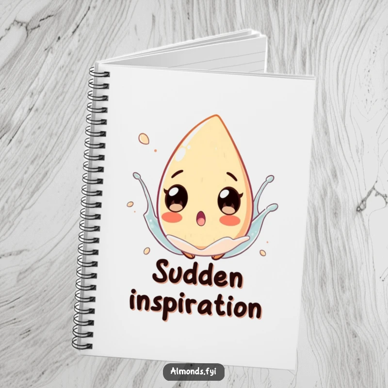 Funny almond character with exaggerated, surprised eyes in a splash on the cover of a notebook for jotting down ideas.